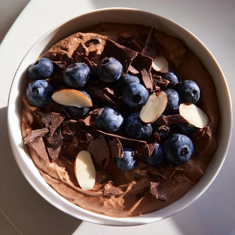 Silky smooth chocolate avocado mousse, topped with fresh berries, a decadent vegan dessert.