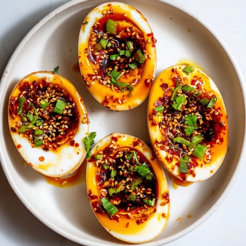 Golden-yolked Chili Oil Eggs drizzled with vibrant, spicy chili oil, ready for a delicious breakfast.