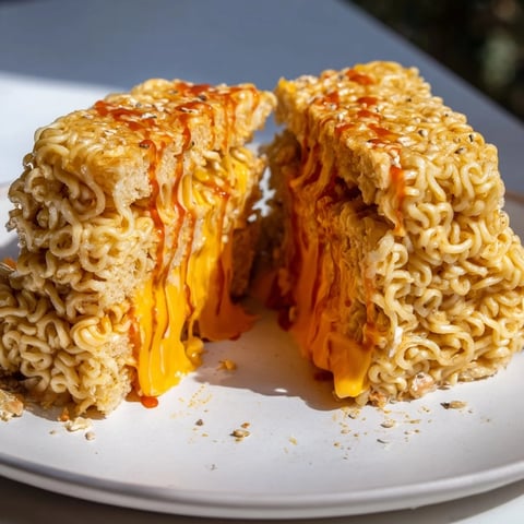 Golden and crispy Instant Ramen Grilled Cheese, oozing with melted cheddar, is a delicious comfort food.
