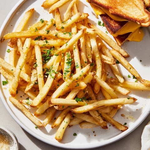 Golden, ultra-crispy beef tallow French fries alongside a melty, cheesy grilled cheese sandwich.