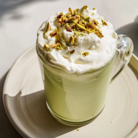 Steaming pistachio milk layered with espresso and fluffy cloud cold foam in a Pistachio Latte.