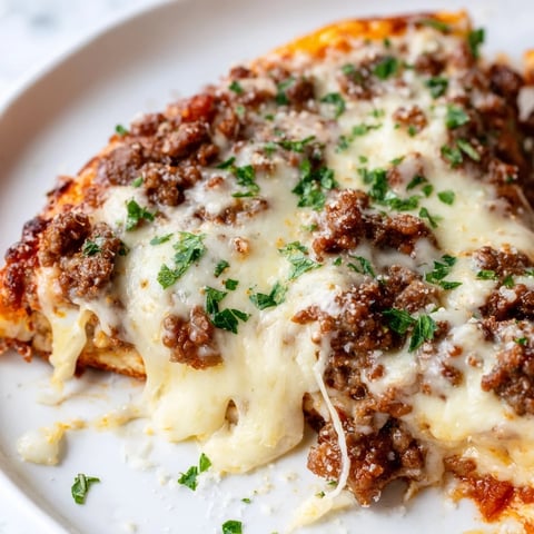 Ground Beef Alfredo Pizza, bubbly mozzarella melting over a savory ground beef and creamy sauce.