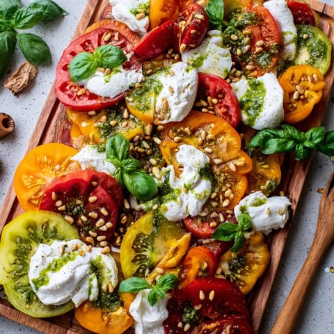 Fresh heirloom tomatoes, creamy burrata, and fragrant basil oil arranged on a wooden board for sharing.