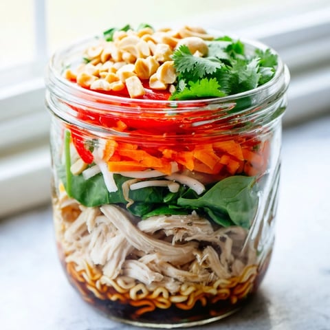 Colorful layers of fresh veggies, chicken, and noodles sit in a clear mason jar, ready for a quick meal prep.