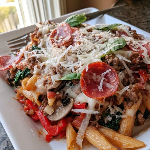 Steaming High Protein Italian Beef and Pasta Bake features melty cheese, whole wheat penne, and sautéed veggies in a rich red sauce, topped with turkey pepperoni.