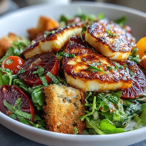 Vibrant Halloumi Blood Orange Fattoush with golden cheese, juicy citrus, and crisp croutons.