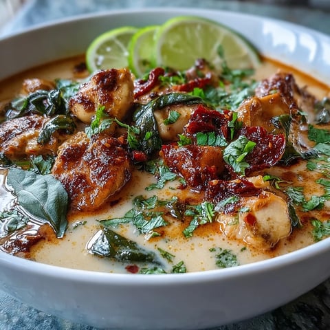Creamy Thai Chicken Coconut Curry Soup simmering with tender chicken, red bell peppers, and snow peas in a fragrant broth.