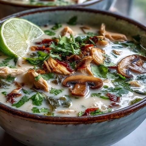 Fragrant Authentic Tom Kha Gai soup steaming in a bowl, showcasing tender chicken and sliced mushrooms in creamy coconut milk.