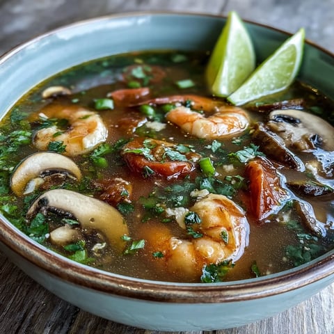 Steaming Tom Yum Soup with shrimp and mushrooms in a bowl, garnished with cilantro and lime wedges.