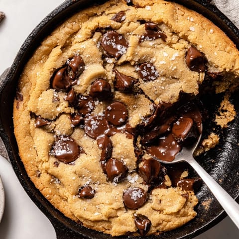 Decadent giant cookie baked in a skillet, topped with flaky sea salt and chocolate.  