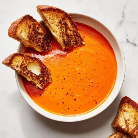 Warm, creamy 5-Ingredient Tomato Soup with golden, cheesy strips of grilled cheese; a classic American meal.