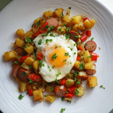 Fragrant Egg & Potato Hash with perfectly cooked eggs and crispy potatoes, ready to eat.