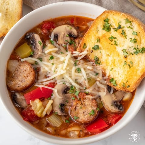 A rich bowl of Pizza Pot Pie Soup mashup features cheesy goodness, ready for your spoon.
