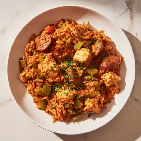 The flavorful Simple Chicken and Sausage Jambalaya Bake shows tender chicken and vegetables mingling with seasoned rice.