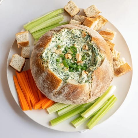 Freshly made spinach dip, a flavorful appetizer served with crusty bread cubes, ready to enjoy.