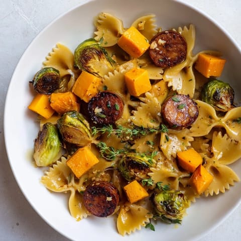 Smoked sausage, roasted vegetables, and pasta come together in this delicious Autumn Sausage Pasta Squash dish.
