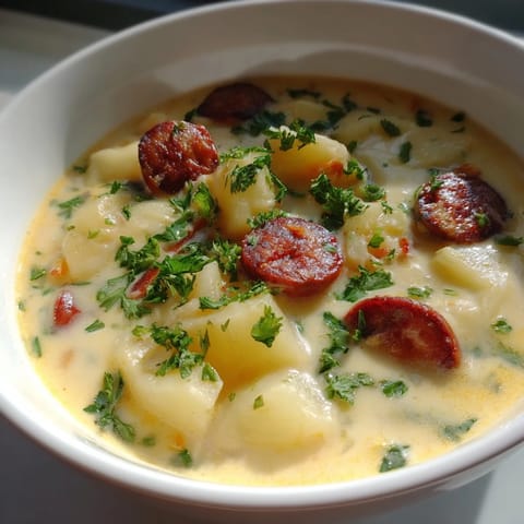 Thick, creamy Creamy Chorizo Potato Soup with visible chunks of potato and spicy chorizo sausage ready to eat.