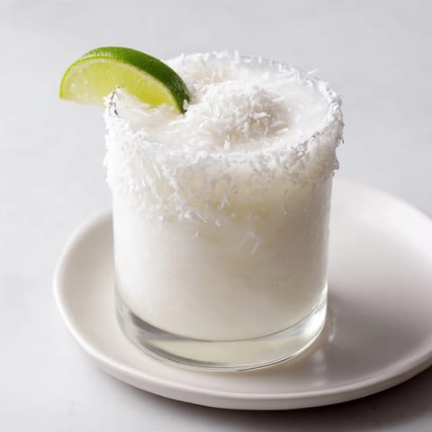 Creamy, frosty White Christmas Margarita Slush, a holiday cocktail with coconut and lime garnishes.