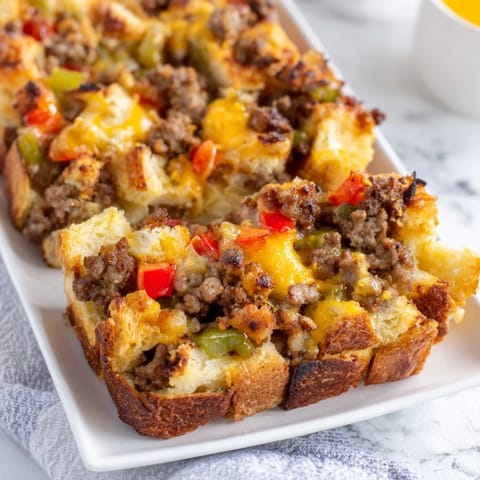 A steaming, savory serving of Lightning-Fast Breakfast Sausage Casserole, fresh from the oven, looks delicious.