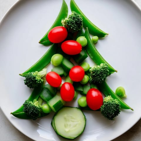 Holiday-ready Holly Leaf Veggie Board: a vibrant, colorful platter of crisp, raw vegetables with a herbed dip.