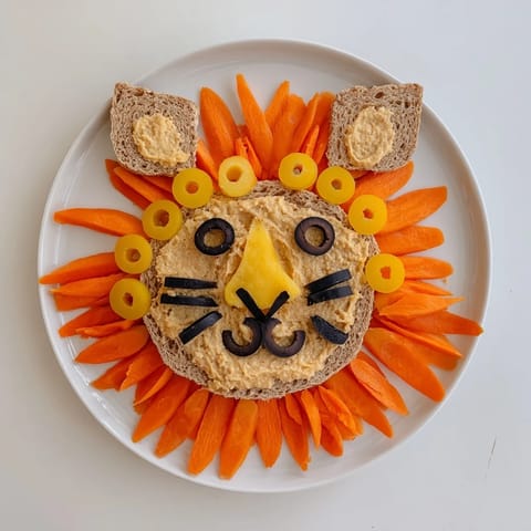 This kid-friendly King of the Jungle Lion Lunch Board displays an arrangement of healthy snacks as a lion.