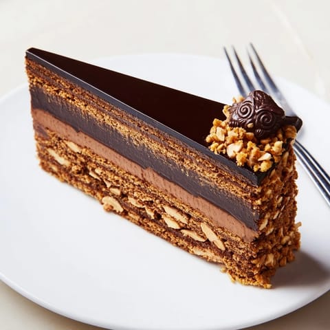 See the impressive layers of a gourmet Plaisirs Sucrés Hibou de la Nuit entremets, a decadent dessert.