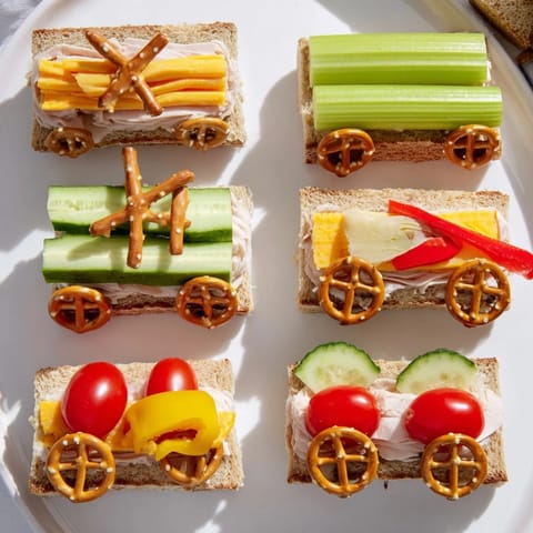 A delightful view of the train track sandwich board, showing colorful sandwich train cars and veggies.