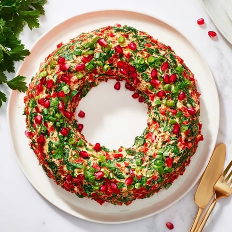 A festive Red Pepper and Spinach Dip Wreath, shaped beautifully for the holidays, with visible spinach flecks.