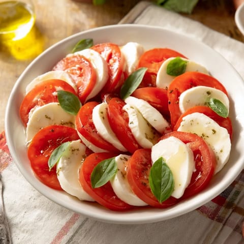 Fresh sliced tomatoes and mozzarella rounds, glistening with olive oil, a perfect Italian side.