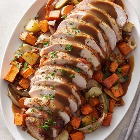Golden-brown Chains of the Mayflower: Thanksgiving dish with turkey and linked root vegetables.