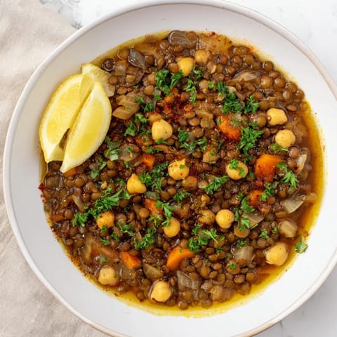 Rich, savory Middle Eastern lentil and chickpea stew, a comforting vegan main course, ready to serve.