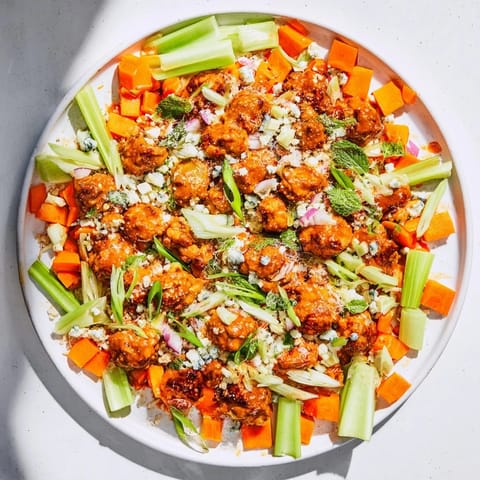 A close-up of a colorful buffalo chicken bean salad, perfect for a quick, healthy lunch.