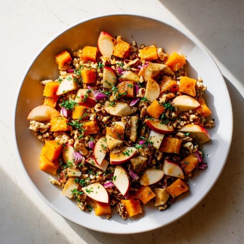 A close-up shot of the Fall Harvest Apple and Chickpea Salad, showcasing colorful ingredients and textures.