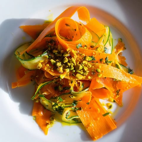 Thin carrot ribbons in Citrus Carrot Ribbon Salad, tossed with orange and lemon, ready to eat.