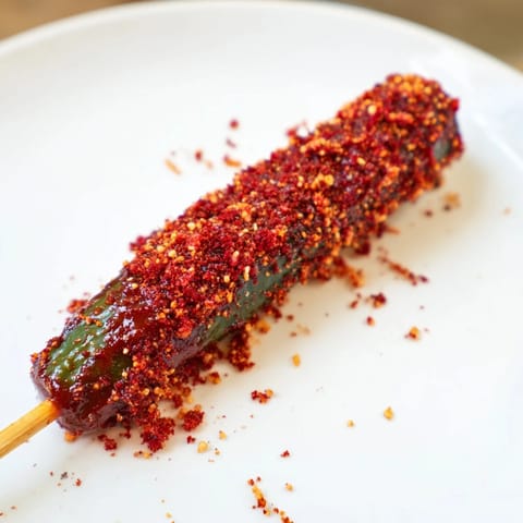 Crisp Chamoy-Tajín pickle sticks with vibrant red chamoy, zesty seasoning, and ready to enjoy.
