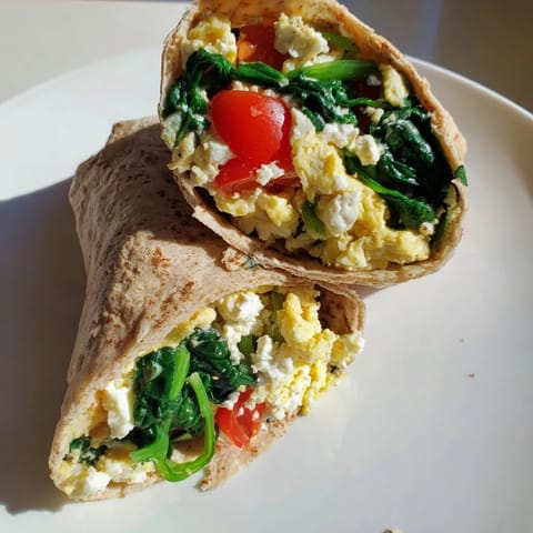 Golden, savory feta egg wraps, filled with vibrant tomatoes and creamy feta cheese, ready to eat.