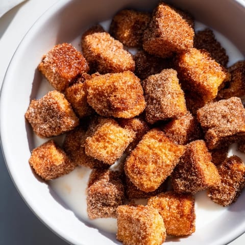 A bowl of delicious, homemade French Toast Cereal, cinnamon-sugared and perfect for breakfast.