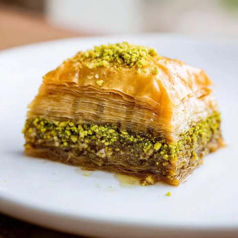 A close-up of a beautifully layered Turkish Hazelnut & Pistachio Baklava, showcasing the crispy phyllo dough.
