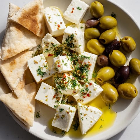 A close-up of a rustic Turkish Olives & Cheese Board showcasing brined olives, feta, and crusty bread.