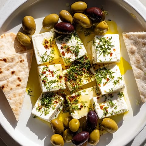 Turkish Olives & Cheese Board displaying colorful olives, cheeses, honey, and warm pita, ready to serve.