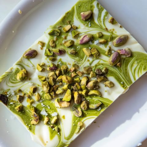 Crunchy pistachios top the beautiful bark of this delicious Pistachio Matcha White Chocolate confection for a great treat.