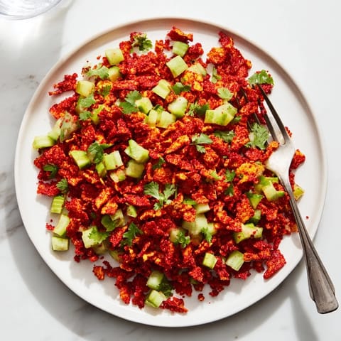 Freshly made Flamin Hot Cheeto Salad featuring coarsely crushed Cheetos, crisp cucumber pieces, and cilantro in a vibrant lime-hot sauce dressing.