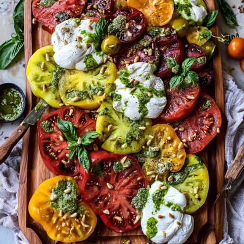 Vibrant heirloom tomato salad with burrata and basil oil drizzle, served with crusty bread on the side.