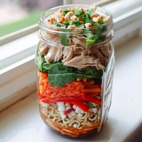 Spicy sauce coats noodles, crisp veggies, and tofu stacked in a mason jar, ideal for an easy weeknight lunch.