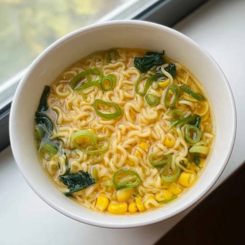 A comforting bowl of Elevated Ramen Egg Drop Soup, featuring tender noodles and creamy egg ribbons in a savory broth.  
