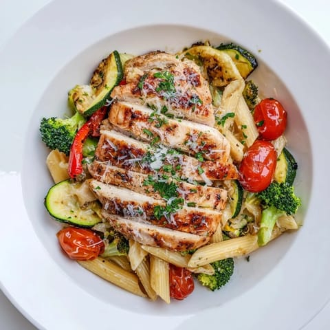 A fork lifts pasta from a skillet of Garlic Herb Chicken & Veg Pasta for a close-up.