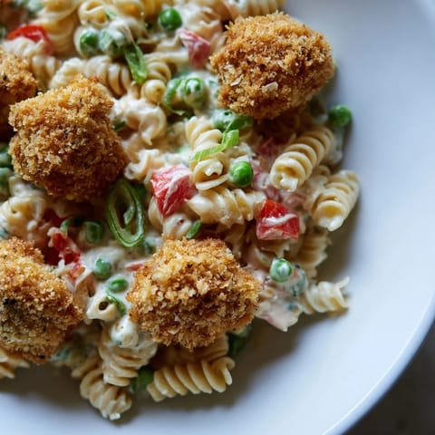 A freshly tossed bowl of Crispy Chicken Ranch Pasta Salad featuring golden fried chicken, al dente pasta, and vibrant vegetables ready for a summer potluck.