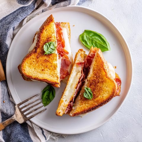 Golden, buttery sourdough slices cradling melted burrata and crispy prosciutto in a gourmet grilled cheese sandwich.