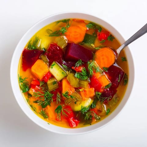 A steaming bowl of Rainbow Vegetable Detox Soup with beet, carrot, and zucchini, garnished with fresh parsley.