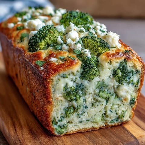Golden-brown Broccoli and Feta Loaf sliced, showcasing tender green florets and salty cheese.